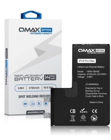 Order the QMAX Base Extended Capacity Replacement Battery for iPhone 14 Pro Max, spot weld required, 4700 mAh.

