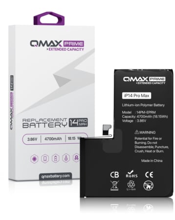 Grab the wholesale deals on the QMAX Prime Extended Capacity Replacement Battery for iPhone 14 Pro Max, spot weld not required, 4700 mAh.
