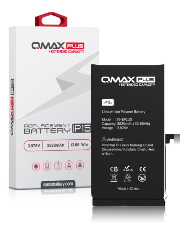 Purchase the QMAX Plus Extended Capacity Replacement Battery for iPhone 15, 3520 mAh.
