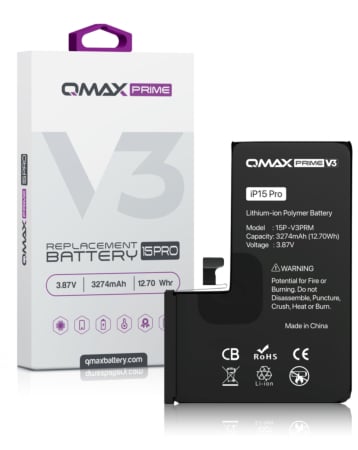 Buy the QMAX Prime V3 Replacement Battery for iPhone 15 Pro with no pop-up and 3274 mAh capacity.