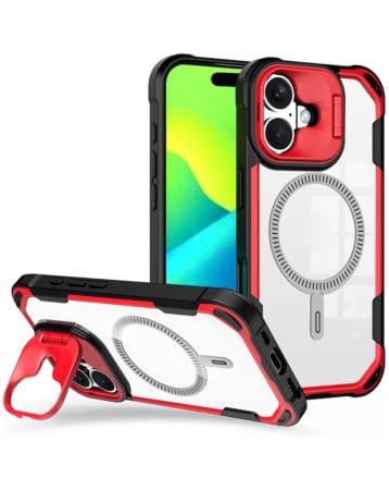 Magnetic with Camera Lens Protective Stand Holder Clear Case - RED for iPhone 16 (Only Ground Shipping)