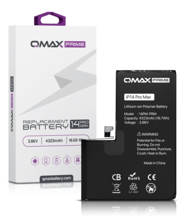 Shop the QMAX Prime replacement battery for iPhone 14 Pro Max, spot weld not required, with 4323 mAh capacity.