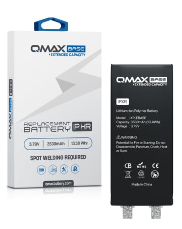 Shop the QMAX Base Extended Capacity Replacement Battery for iPhone XR, 3530 mAh, spot weld required.