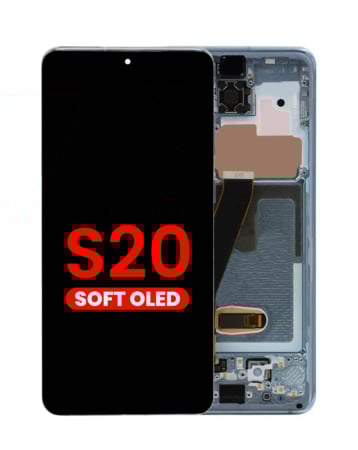 Purchase the OLED assembly with frame for the Galaxy S20 G980 and G981, not compatible with Verizon, in Cloud Blue, Aftermarket OLED.