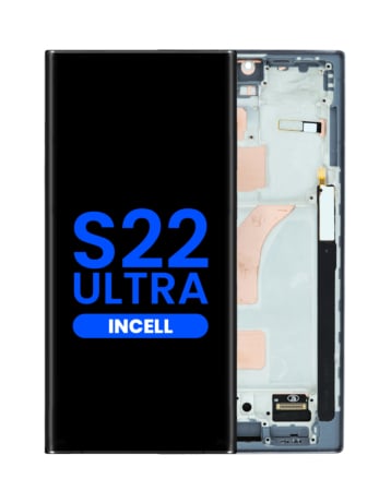 Order the LCD Assembly with Frame for the Galaxy S22 Ultra S908 in Phantom Black, aftermarket Incell, does not support fingerprint.
