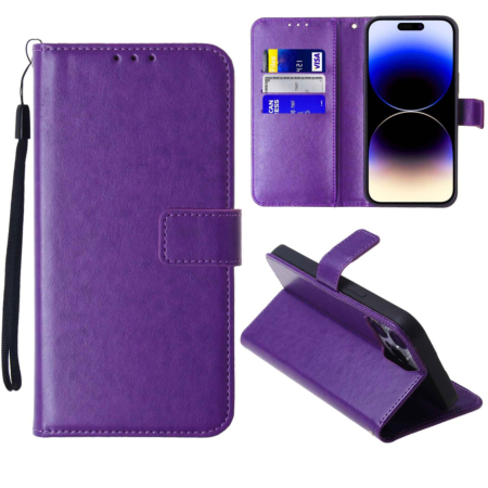 Leather Wallet Case with Card Slot - PURPLE for iPhone 14 Pro Max (Only Ground Shipping)