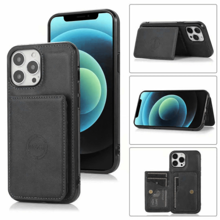 Leather Pocket Wallet Case - BLACK for iPhone 14 Pro (Only Ground Shipping)