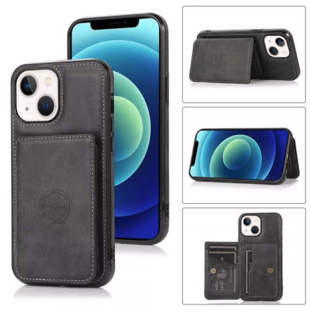 Leather Pocket Wallet Case - BLACK for iPhone 13 / 14 / 16e / 17e (Only Ground Shipping)