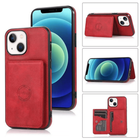 Leather Pocket Wallet Case - RED for iPhone 13 / 14 / 16e / 17e (Only Ground Shipping)