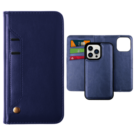 Genuine Leather Magnetic Wallet Case with Credit Card Slot - DARK BLUE for iPhone 14 Pro (Only Ground Shipping)