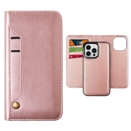 Genuine Leather Magnetic Wallet Case with Credit Card Slot - ROSE GOLD for iPhone 14 Pro (Only Ground Shipping)
