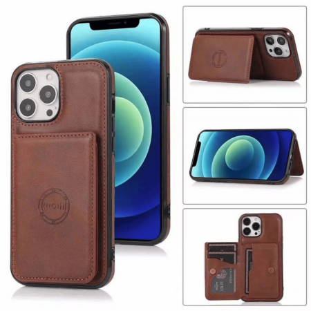Leather Pocket Wallet Case - BROWN for iPhone 14 Pro Max (Only Ground Shipping)