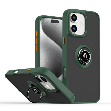 Hard PC Rear / Soft TPU Colorful Border Case with I-ring Holder - DARK GREEN for iPhone 16 (Only Ground Shipping)