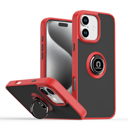 Hard PC Rear / Soft TPU Colorful Border Case with I-ring Holder - RED for iPhone 16 (Only Ground Shipping)