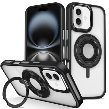 Skin Feel Transparent Case with Silicone Ring Holder - BLACK for iPhone 16 (Only Ground Shipping)