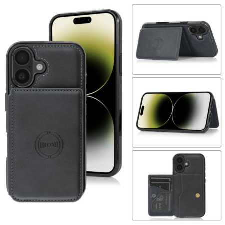 Leather Pocket Wallet Case - BLACK for iPhone 16 (Only Ground Shipping)
