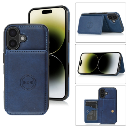Leather Pocket Wallet Case - BLUE for iPhone 16 (Only Ground Shipping)