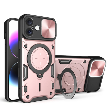 iPhone 16 Slide Camera Lens Cover Case with Ring Stand - ROSE GOLD (Only Ground Shipping)