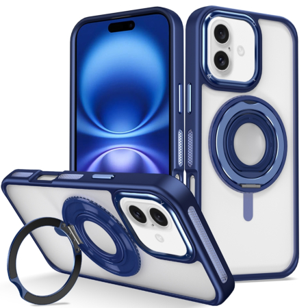 Skin Feel Transparent Case with Silicone Ring Holder - DARK BLUE for iPhone 16 Plus (Only Ground Shipping)