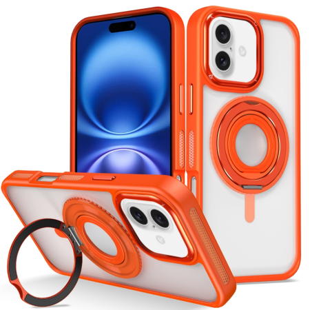 Skin Feel Transparent Case with Silicone Ring Holder - ORANGE for iPhone 16 Plus (Only Ground Shipping)