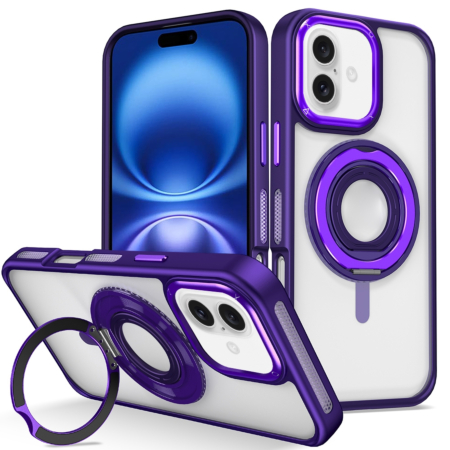 Skin Feel Transparent Case with Silicone Ring Holder - PURPLE for iPhone 16 Plus (Only Ground Shipping)