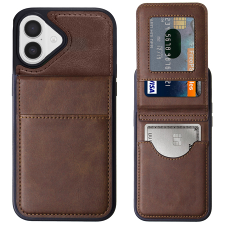 Leather Wallet Case with Kickstand - BROWN for iPhone 17 (Only Ground Shipping)