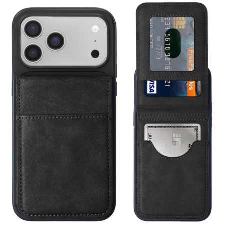 Leather Wallet Case with Kickstand - BLACK for iPhone 17 Pro (Only Ground Shipping)