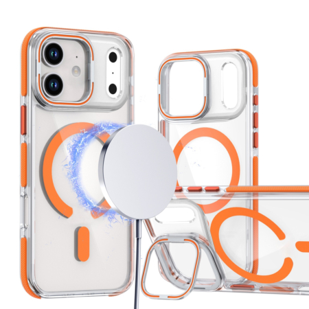 Thin Magnetic Clear Case with Camera Stand Kickstand - ORANGE for iPhone 17 Pro (Only Ground Shipping)
