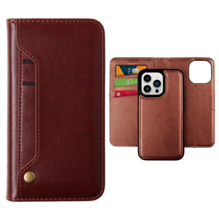 Genuine Leather Magnetic Wallet Case with Credit Card Slot - BROWN for iPhone 13 Pro (Only Ground Shipping)
