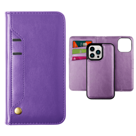 Genuine Leather Magnetic Wallet Case with Credit Card Slot - PURPLE for iPhone 13 Pro (Only Ground Shipping)
