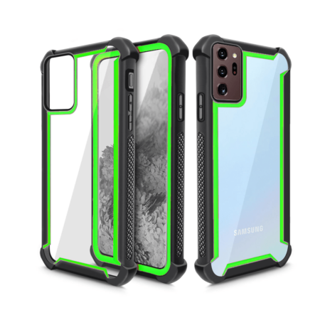 Galaxy Note 20 3in1 Hybrid Clear Soft TPU Hard PC Back Cover Case - BLACK GREEN (Only Ground Shipping)