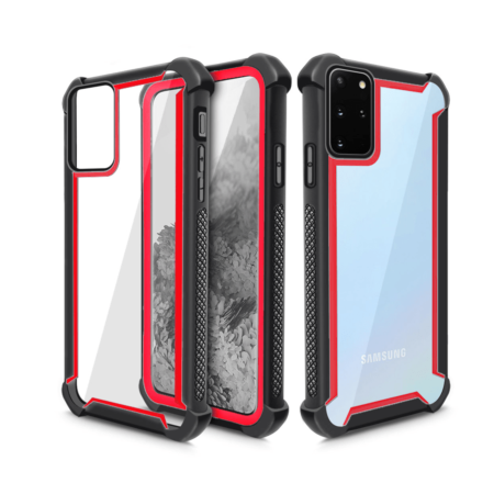 Galaxy S20 3in1 Hybrid Clear Soft TPU Hard PC Back Cover Case - BLACK RED (Only Ground Shipping)