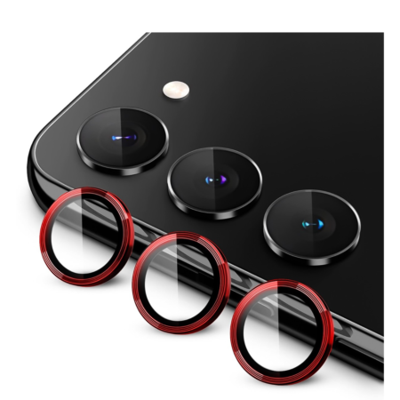 Grab wholesale deals on the metal ring with HD tempered glass for Galaxy S23 and S23 Plus in red.