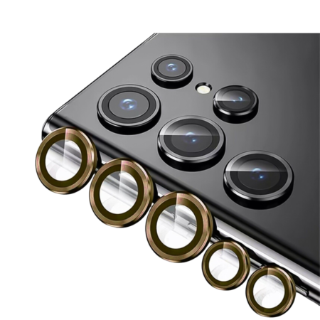 Buy the metal ring with HD tempered glass for Galaxy S23 Ultra in gold.