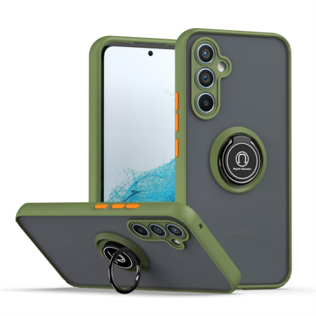 Galaxy S24FE Hard PC Rear / Soft TPU Colorful Border Case with I - ring Holder - NAVY GREEN (Only Ground Shipping)