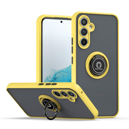 Galaxy S24FE Hard PC Rear / Soft TPU Colorful Border Case with I - ring Holder - YELLOW (Only Ground Shipping)