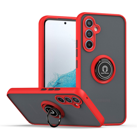 Galaxy S24FE Hard PC Rear / Soft TPU Colorful Border Case with I - ring Holder - RED (Only Ground Shipping)