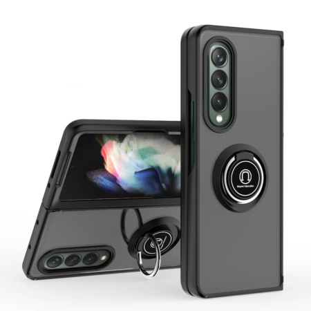 Galaxy Z Fold 4 Hard PC Rear / Soft TPU Colorful Border Case with I - ring Holder - BLACK (Only Ground Shipping)