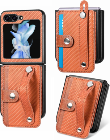 Galaxy Z Flip 5 Wallet Case with Credit Card Holder Slot & Wristband - BROWN (Only Ground Shipping)
