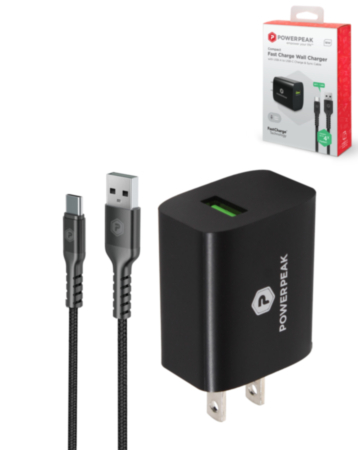 PowerPeak -  Wall Charger with USB To-C Cable (BLACK) (6ft) (18W) (Only Ground Shipping)