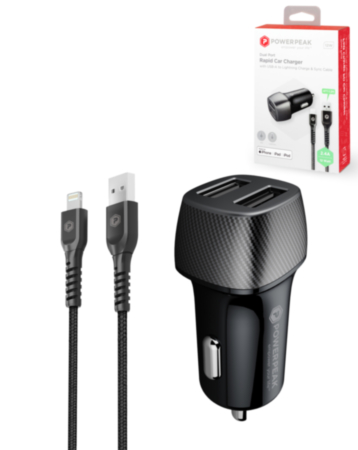 PowerPeak Rapid Vehicle Dual Port Car Charger with USB-A Cable (12W) (4ft) (BLACK) (Only Ground Shipping)