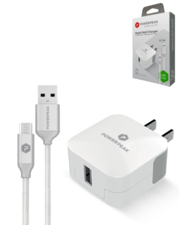Power Peak USB-A Wall Charger with USB A-M Cable  (12W) (Only Ground Shipping)