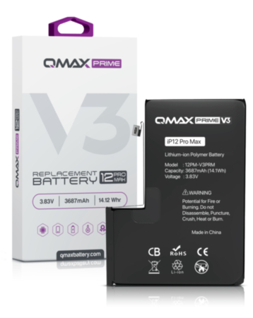 QMAX Prime V3 Replacement Battery for iPhone 12 Pro Max (No Pop-Up) (3687 mAh) (Only Ground Shipping)