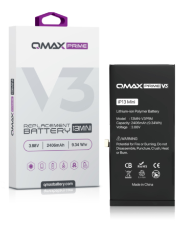 Order the QMAX Prime V3 Replacement Battery for iPhone 13 Mini No Pop-Up 2406 mAh.