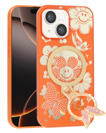 Luxury Diamond Shiny Cases with Butterfly Ring Design (ORANGE) for iPhone 13 / 14 (Only Ground Shipping)