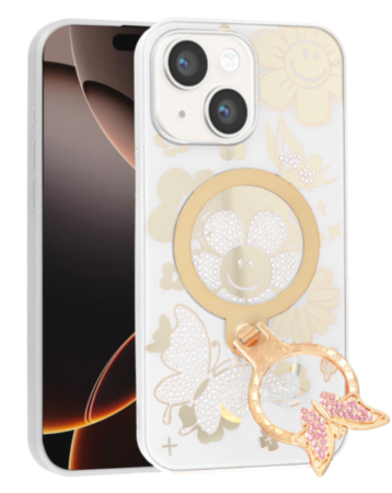 Luxury Diamond Shiny Cases with Butterfly Ring Design (WHITE) for iPhone 13 / 14 (Only Ground Shipping)