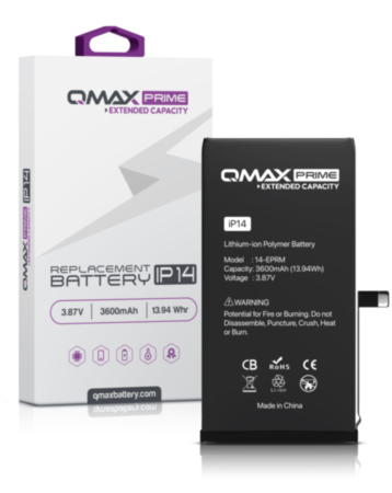Purchase the QMAX Prime extended capacity replacement battery for iPhone 14 – 3600 mAh, spot weld not required.