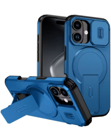 Magnetic Push Slide Lens Case with Kickstand (BLUE) for iPhone 13 / 14 (Only Ground Shipping)