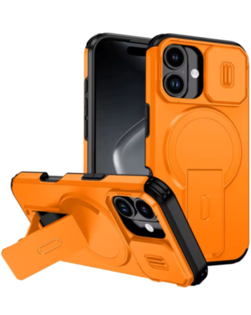 Magnetic Push Slide Lens Case with Kickstand (ORANGE) for iPhone 13 / 14 (Only Ground Shipping)