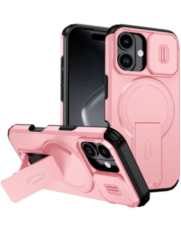 Magnetic Push Slide Lens Case with Kickstand (PINK) for iPhone 13 / 14 (Only Ground Shipping)